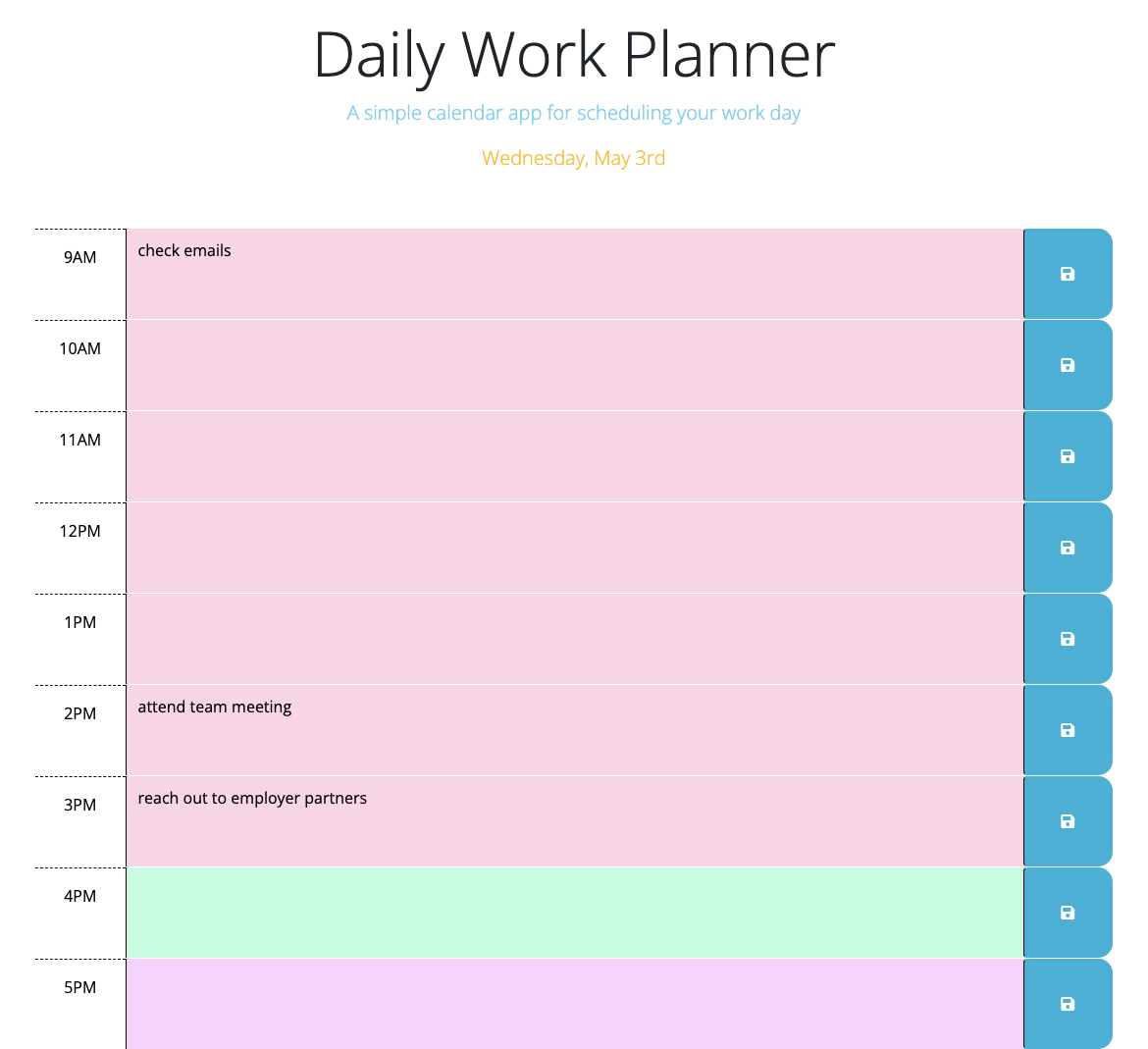 screenshot of daily work planner for daily tasks