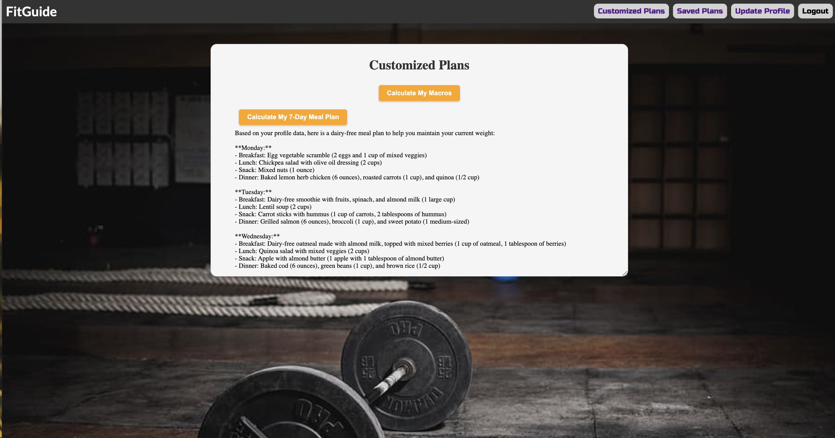 screenshot of fitguide website