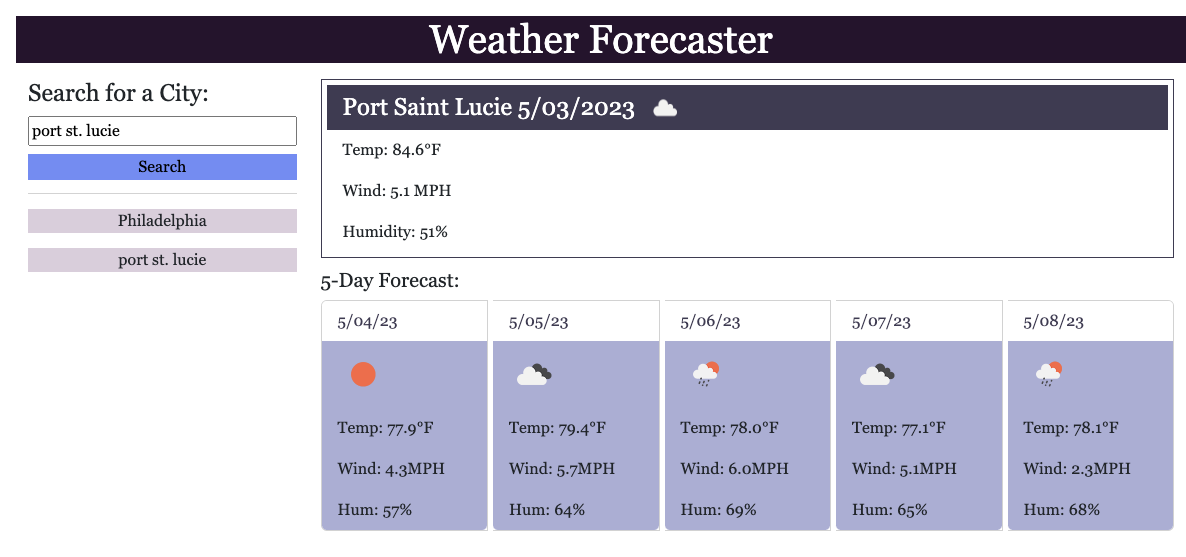 screenshot of weather forecaster website